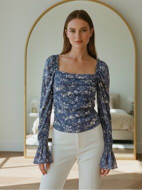 Promesa Blue Floral Ruched Long Sleeve Top With Elastic Back & Square Neckline